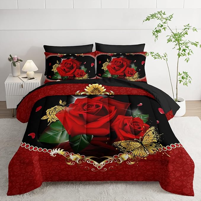 AILONEN 3D Oil Painting Red Rose Comforter Set Full Size,7-Piece 3D Rose and Butterfly Pattern Bed in a Bag,Comforter & Fitted Sheet with Flat Sheet & 2 Pillowcases,2 Pillow Cases for Bedroom