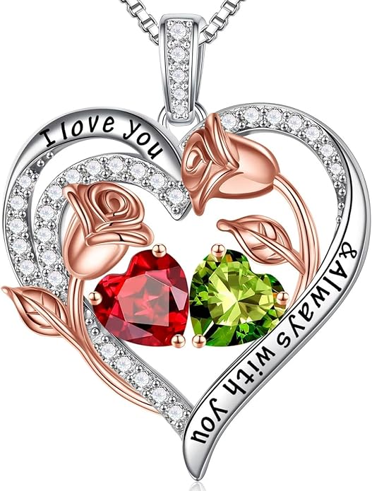 Iefil Valentines Day Gifts for Her - 925 Sterling Silver Rose Heart Birthstone Necklace Birthday Anniversary Jewelry Gifts for Her Wife Mom Daughter