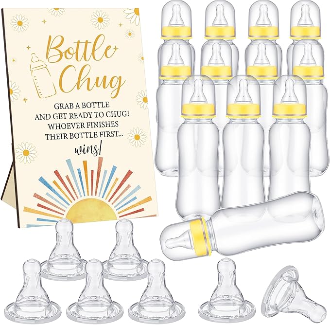 TrelaCo Cool Baby Shower Games Bottle Chug Sign and 12 Pcs Baby Bottle Shower Favor Bottles for Gender Reveal Games (Yellow, Here Comes the Son)