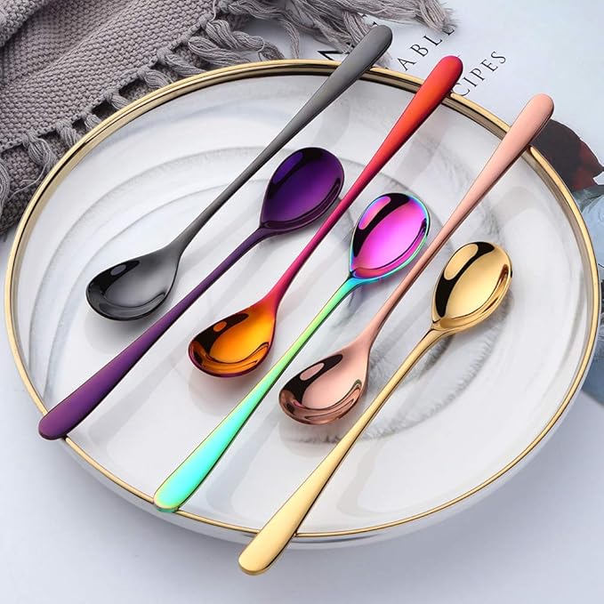 Buyer Star 8-Inch Long Handle Iced Tea Spoons, Ice Cream Spoon, Stainless Steel Cocktail Stirring Spoons, Set of 8 (Coloured)