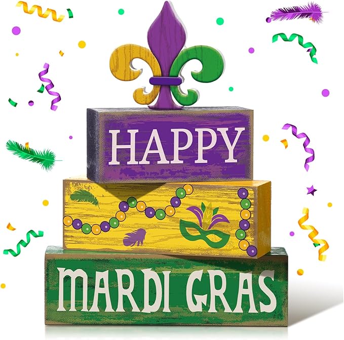 4 Pcs Mardi Gras Decorations Mardi Gras Wooden Sign Carnival Table Centerpiece Carnival Tiered Tray Decor Decorative Faux Book Stack Block for Masquerade Party Fireplace Mantel Shelf