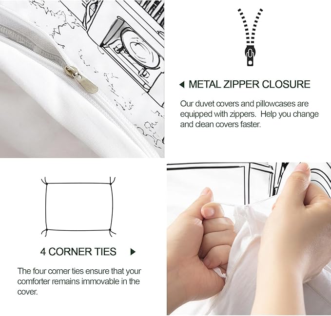 Tanker Truck Duvet Cover Full Size Mechanical Vehicle Bedding Set Black White Mechanical Cars Comforter Set Industrial Style Duvet Cover Soft Microfiber for Bedroom