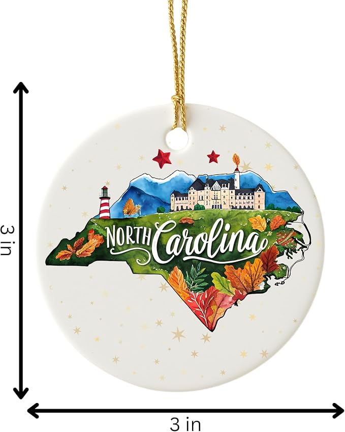 USA State Landmark Ceramic Ornament – Round Glossy Christmas Decoration Featuring U.S. State Art, Landmarks & Holiday Scenery – Collectible Travel Souvenir Ornament Series (North Carolina)