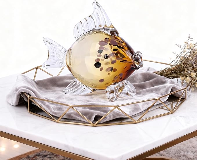 Amber Gold Blown Glass Fish Figurine – Handcrafted Art Glass Animal Sculpture, Ocean Coastal Home Decor, Elegant Ornament for Tabletop or Bookshelf Display (H)
