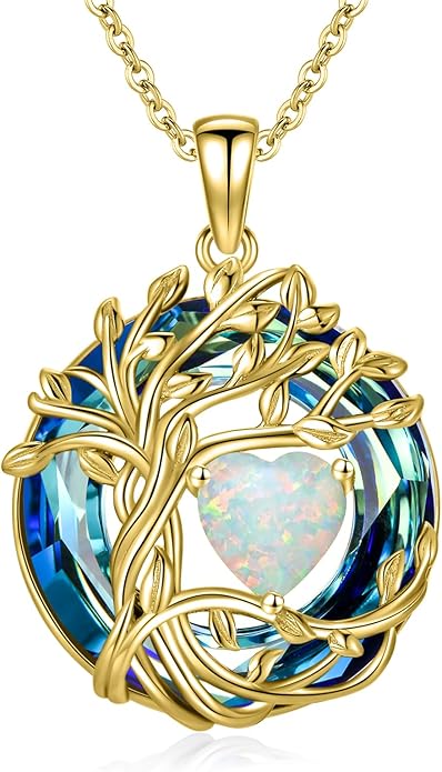 TOUPOP Tree of Life Birthstone Necklace 925 Sterling Silver Pendant Austrian Crystal Jewelry Anniversary Valentine's Day Birthday Gifts for Women Mom Her Wife
