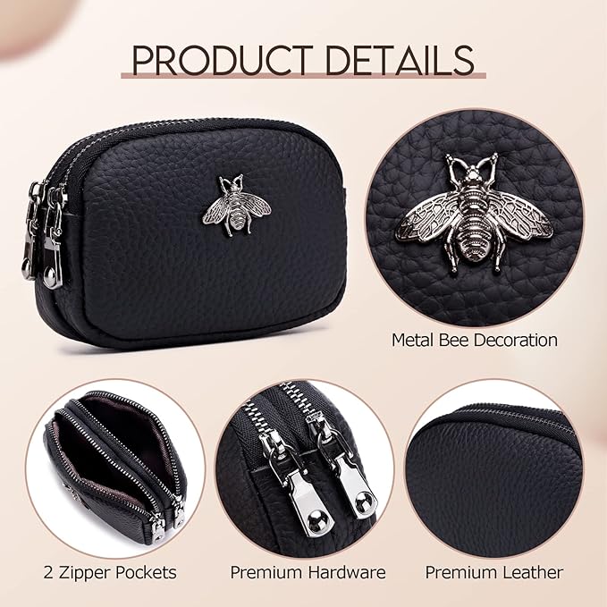 imeetu Women Leather Coin Purse, Small 2 Zippered Change Pouch Wallet
