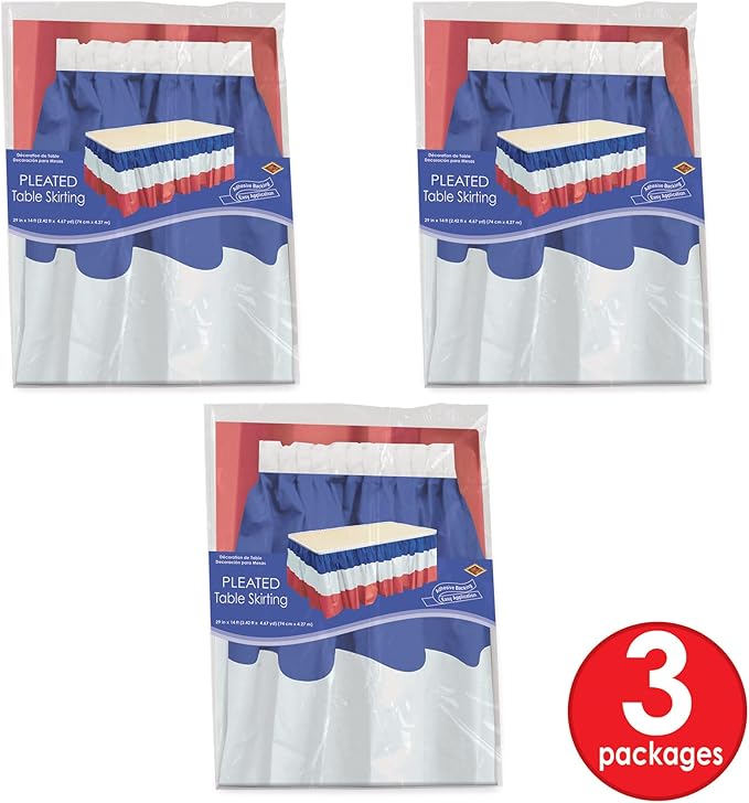 Beistle 3-Pack Plastic Patriotic Table Skirts, Red, White, & Blue, Fourth of July & Memorial Day Party Supplies, France Themed Party Decor, 29" x 14'