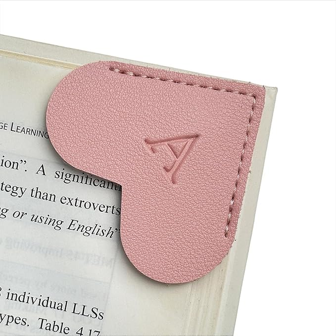 MOTEERLLU Personalized Leather Heart Bookmark with Initial, Cute Letters Custom Corner Book Mark for Reading Women, Teacher, Student, Book Lovers Gifts & Accessories(Pink, A)