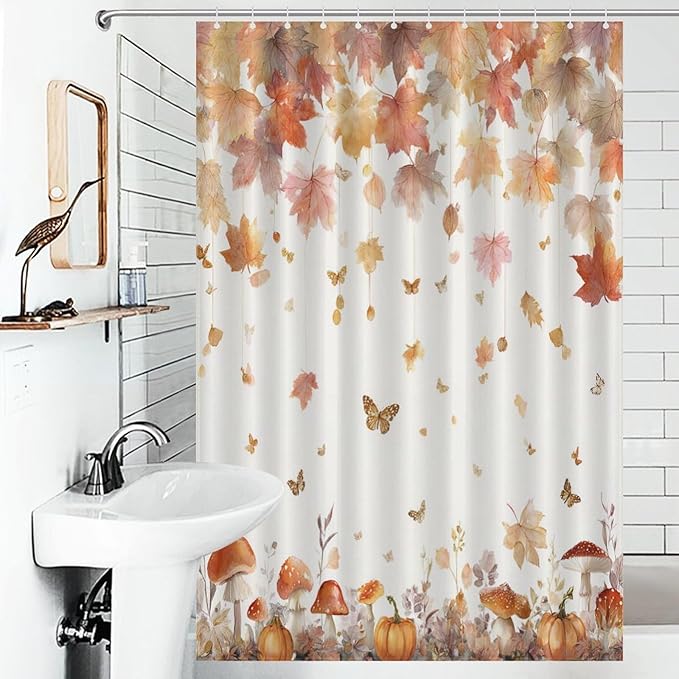 Fall Pumpkin Shower Curtain Autumn Maple Leaves Thanksgiving Harvest Waterproof Washable Fabric Bathroom Shower Curtains for Bathroom Decorations Home Indoor Decor 47x72Inch