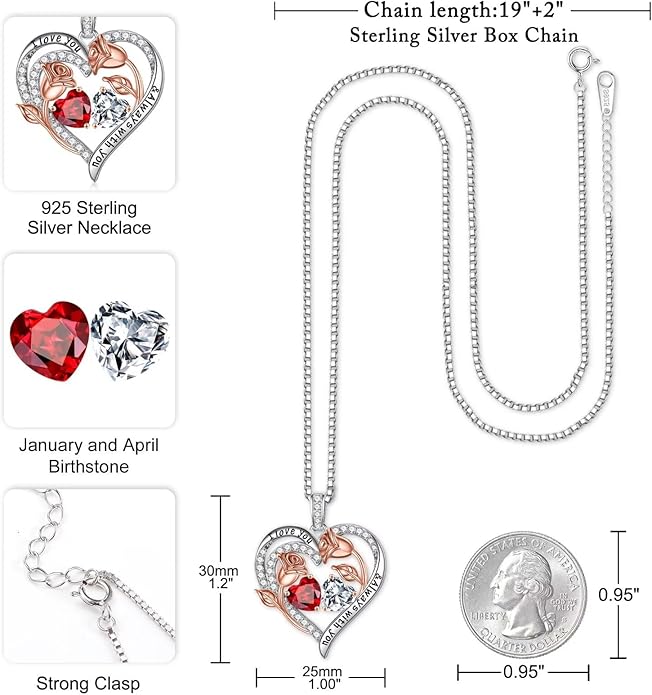 Iefil Valentines Day Gifts for Her - 925 Sterling Silver Rose Heart Birthstone Necklace Birthday Anniversary Jewelry Gifts for Her Wife Mom Daughter