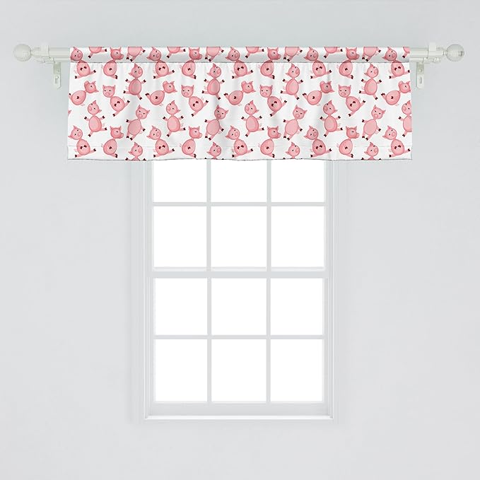 Ambesonne Pig Window Valance, Cartoon Sitting and Smiling Pigs Pattern Farmer Domestic Animal Concept, Curtain Valance for Kitchen Bedroom Decor with Rod Pocket, 54" X 18", Pale Pink White