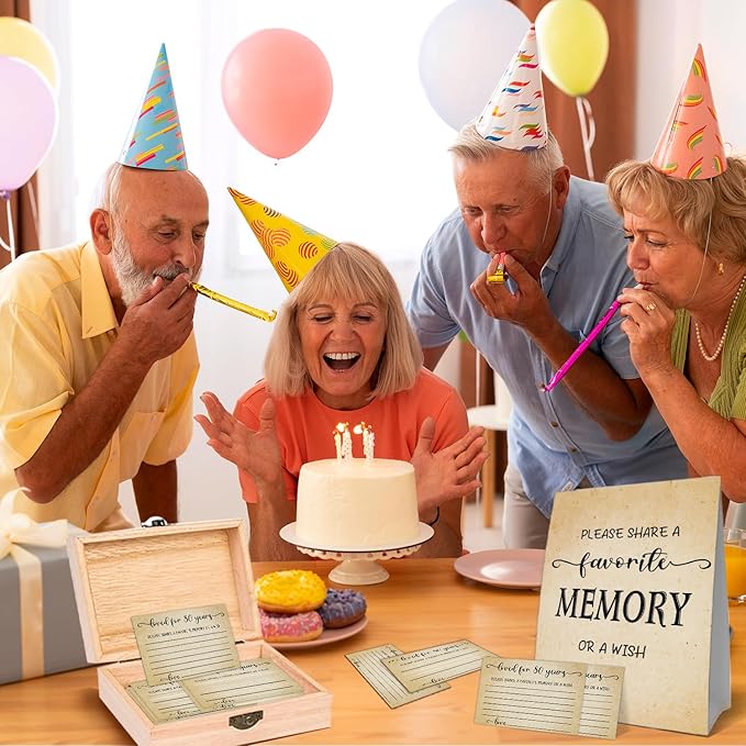 80th Birthday Party Share a Memory Set, 1946 Birthday Gifts for Women Men, 1946 Wooden Share A Memory Box with Memory Sign and 50 Pcs Memory Cards, 1946 Birthday Gifts, 80th Birthday Party Decorations