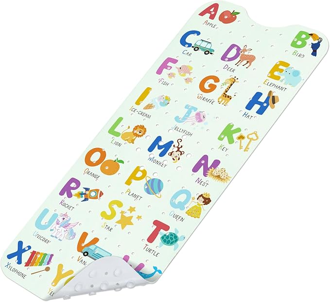 Baby Bath Mat for Tub, Non Slip Kids Bath Shower Mat, 40 X 16 Inch Large Bathtub Mat with Drain Holes and Suction Cups for Toddlers, Machine Washable and Waterproof (Alphabet)