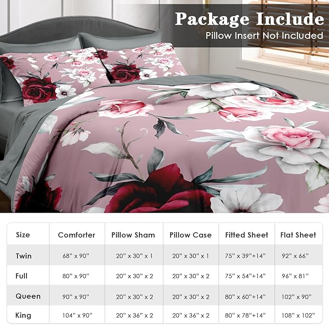 Comforter Set Twin Size, Rose Flower Leaves 5 Pcs Bedding for Kids and Adults, Painting Floral Vintage Bed Sheet Sets with Fitted Sheet Pillowcase & Sham for Bedroom Bed Decor