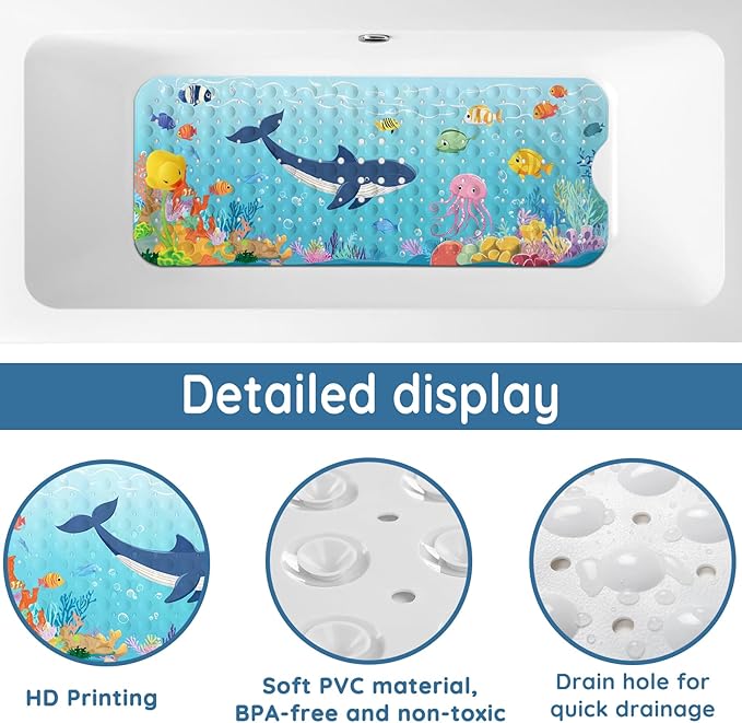 LNOND Bath Mat for Tub for Kids, Toddler Bathtub mat Non Slip, Sharks Fish Kids Bath Mats for Bathroom Non Slip with Drain Holes and Suction Cups,Machine Washable (40 X 16 Inch)