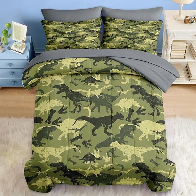 Comforter Set Queen Size, Camouflage Dino Dinosaur 7 Pcs Bedding for Kids and Adults, Cute Funny Green Bed Sheet Sets with Fitted Sheet 2 Pillowcases & 2 Shams for Bedroom Bed Decor