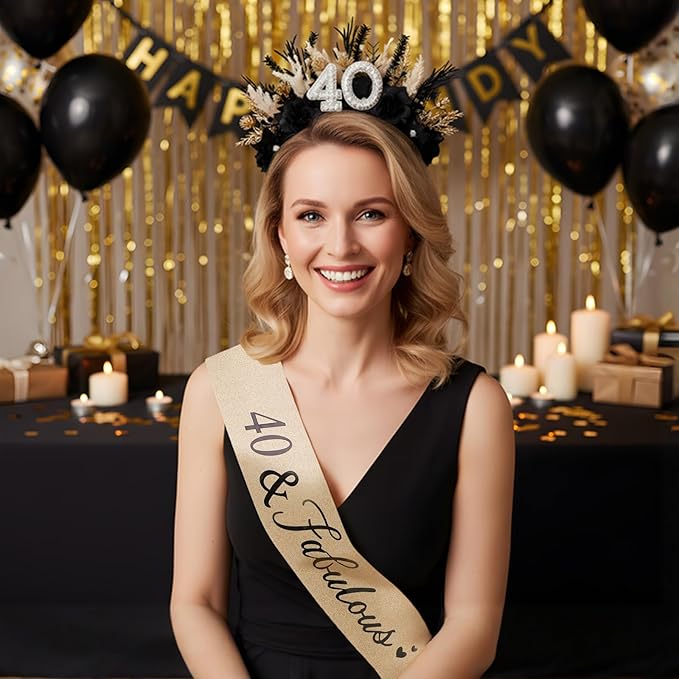 Flower Black Birthday Headband - Dark Happy Birthday Crown and Sash Set for Women Fabulous Party Accessories