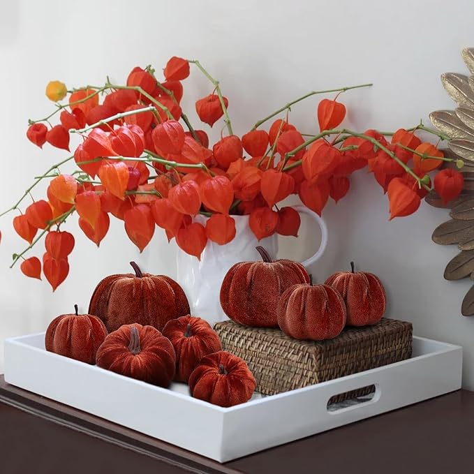 Woration 8pcs Artificial Pumpkins Halloween Decorations Velvet Fake Fabric Pumpkin Assorted Sizes Brown Fall Harvest Table Decor Farmhouse Decorations for Home