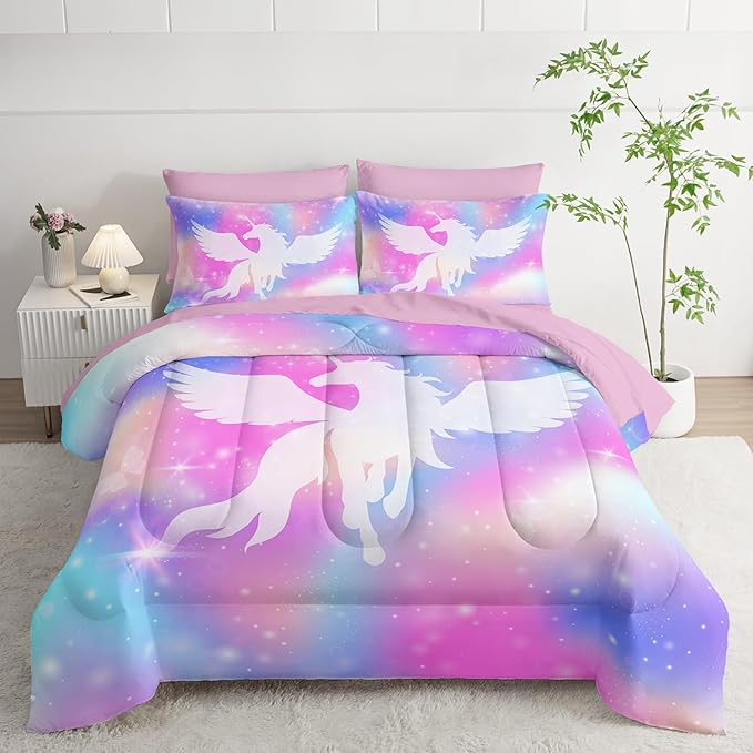 Galaxy Unicorn Bedding Set Queen - Unicorn Comforter Set (7 Piece) - Pegasus Galaxy Kids Bedding, Pink Purple Blue Girls Quilt Set, All Season Microfiber Bed Set with Shams, Flat/Fitted Sheet