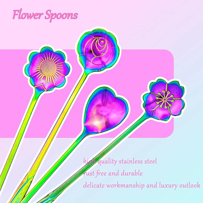 Flower Spoon Set of 4, 7 Inches Stainless Steel Reusable Cute Tea Spoon for Drink Mixing Milkshake Jam (Rainbow)
