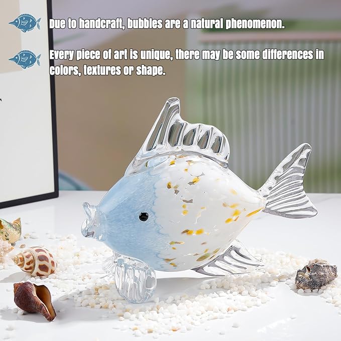Ornalrist Blown Glass Fish Statue - Handmade Ocean Decor for Living Room, Blue Colorful Fish Gifts for Women, Mom, Friends, Lovers