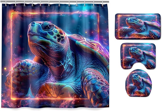 Ocean Themed Shower Curtain - 4 Pcs Kids Shower Curtain Set Turtle Shower Curtains for Bathroom Turtle Bathroom Accessories with Rug,Toilet Cover and Bath Mat with 12 Hooks