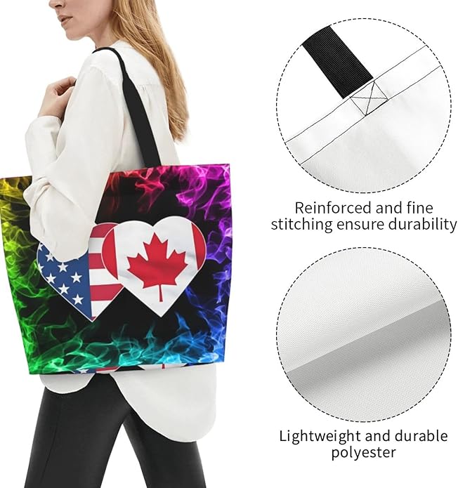 USA Canada Flag Heart Large Reusable Eco-friendly Shopping Bags Portable Storage Handbag