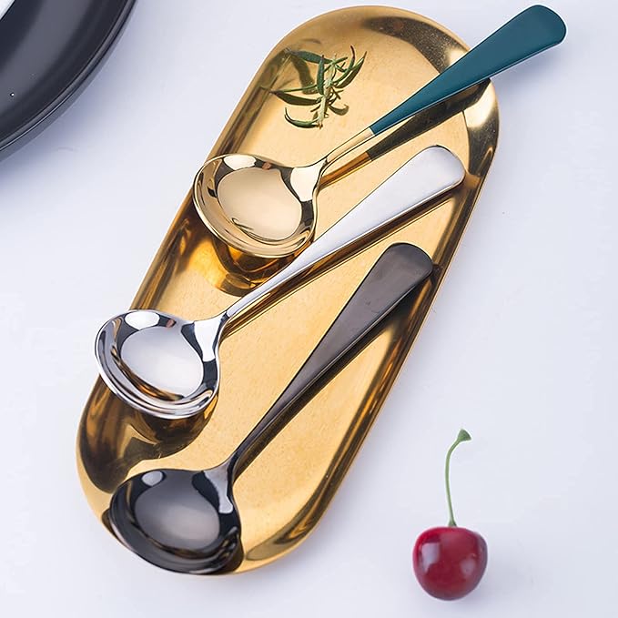 Metal Soup Spoons,Stainless Steel Spoons for Soup Round Colorful Dinner Spoons Thick Short handle Table Spoon 6.3-Inch, Set of 6 (Black)