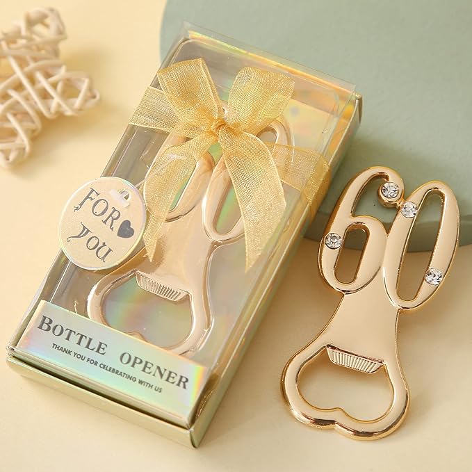 24 pcs Golden 60 Bottle Openers for Guests 60th Birthday Party Favors Rhinestones Decorations for Birthday souvenirs Keepsake for Guests(Gold, 60 style)