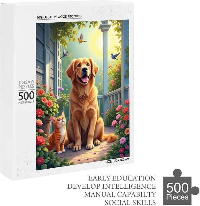 Wooden Puzzle - Garden Golden Retriever Jigsaw Puzzles，Wooden Puzzles for Adults 500 Pieces Challenge Puzzles，Educational Games，Family Puzzles，Unique Gifts for Wall Art