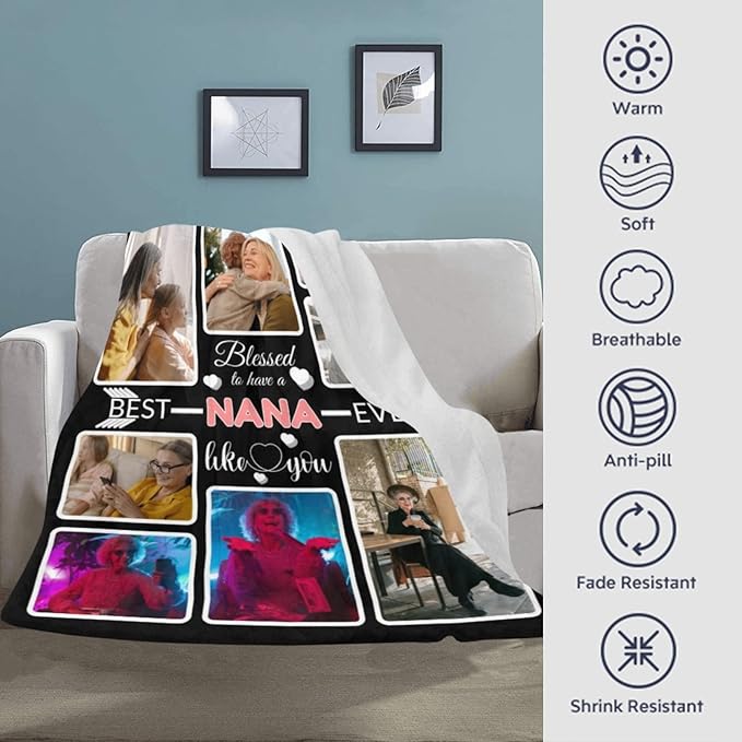 Custom Blanket Gifts for Nana, Customized Blankets with Photos, Make a Personalized Bed Throws to My Nana, Custom Souvenir Throw Blanket for Best Nana Ever, 8 Collages Made in USA