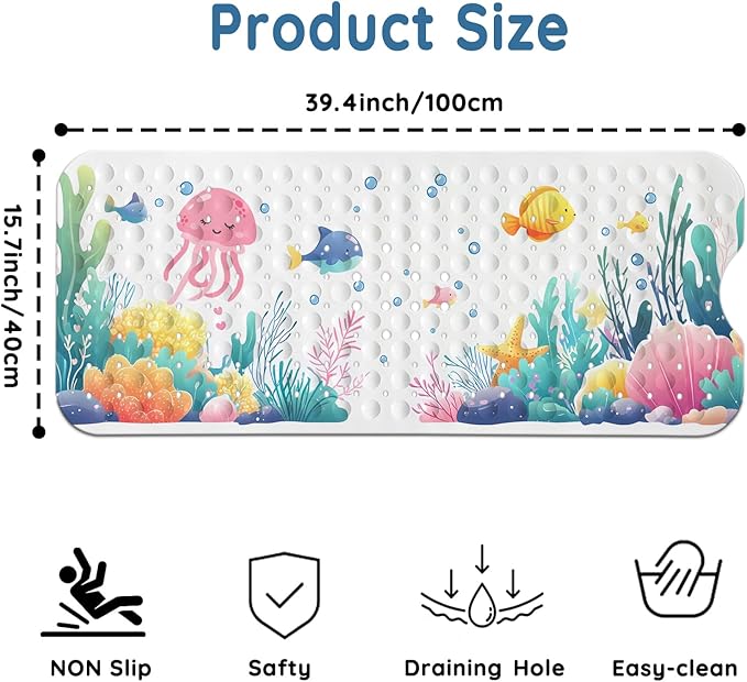 LNOND Bath Mat for Tub for Kids, Toddler Bathtub mat Non Slip, Coral Reef Fish Kids Bath Mats for Bathroom Non Slip with Drain Holes and Suction Cups,Machine Washable (40 X 16 Inch)