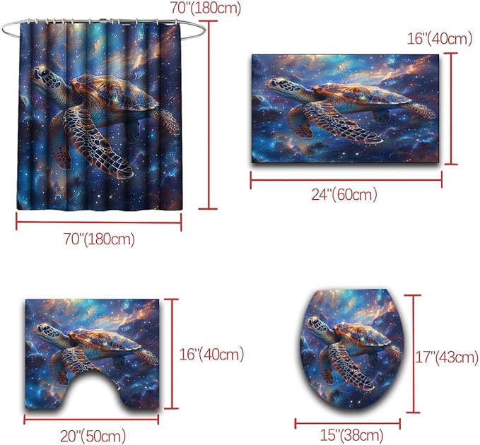 Sea Turtle Shower Curtain - 4 Pcs Kids Bathroom Set Under The Sea Shower Curtain Turtle Shower Curtains for Bathroom Sea Turtle Themed Bathroom Decor with Rug,Toilet Cover and Bath Mat with 12 Hooks
