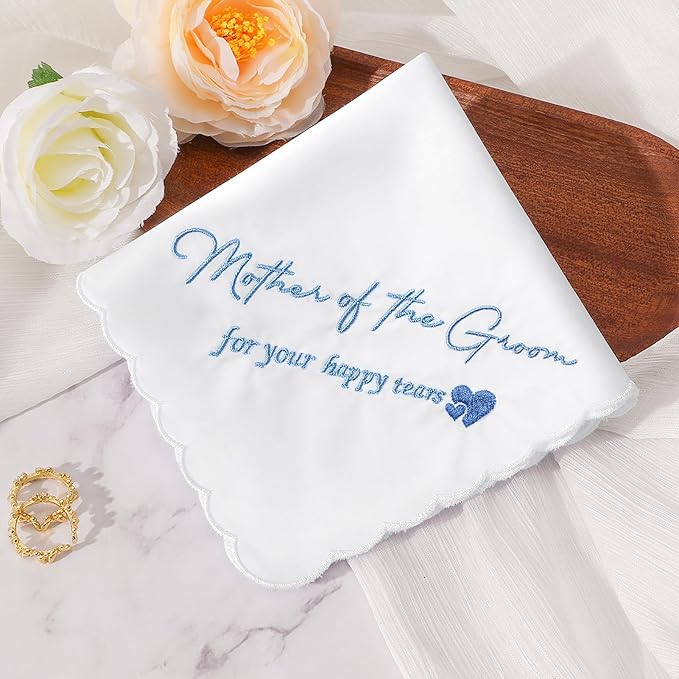 Wedding Handkerchief Something Blue for Bride, Mother Father of the Brides Groom Gifts, Embroidered Happy Tears Cotton Hanky