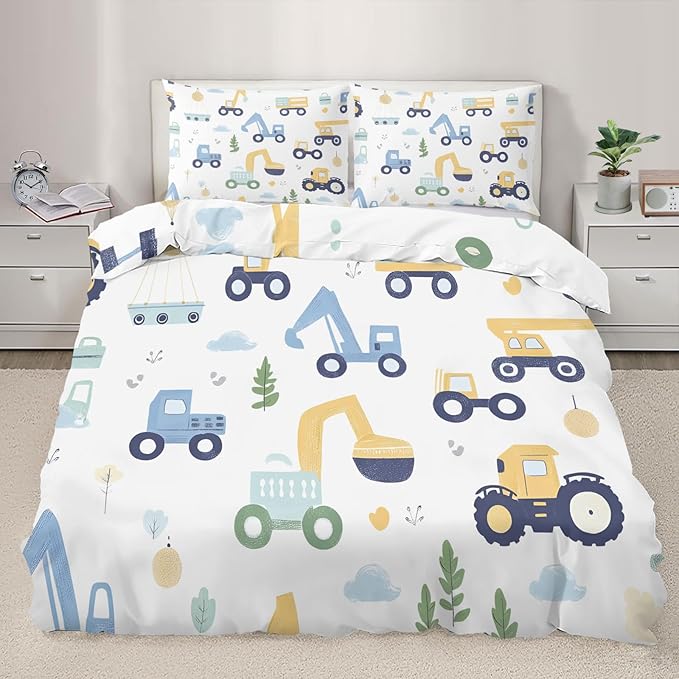 Cartoon Construction Vehicles Duvet Cover Oversized King Excavator Bulldozer Bedding Set Trucks Car Comforter Set Kids Engineering-Themed Quilt Cover with Zipper Ties for Bedroom