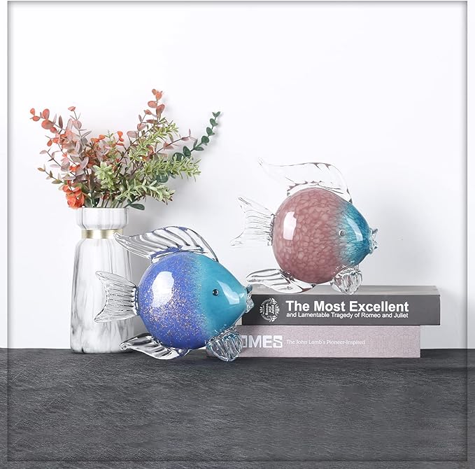 Blue Glass Fish Art Decoration Hand Blown Glass Fish Figurine, Art Paperweight Collection, Modern Office Luxury Decorations(WA-7)