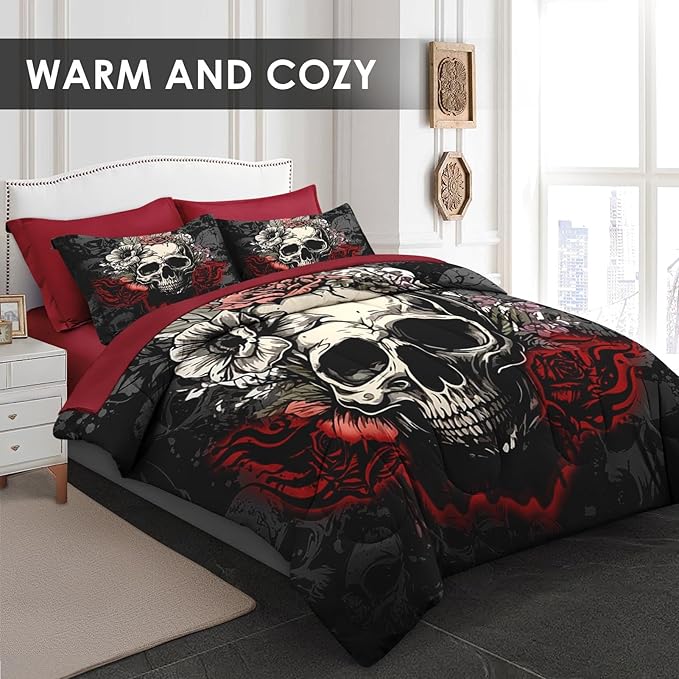 Comforter Set King Size, Rose Vintage 7 Pcs Bedding for Adults, Rock Roll Bone Death Bed Sheet Sets with Fitted Sheet 2 Pillowcases & 2 Shams for Bedroom Bed Decor