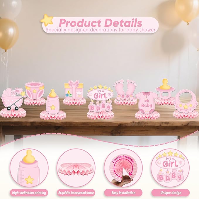 9Pcs Baby Shower Decorations Honeycomb Centerpieces for Girl, Cute Pattern It's a Girl Gender Reveal Table Centerpiece, Gender Reveal Party Supplies (Pink)