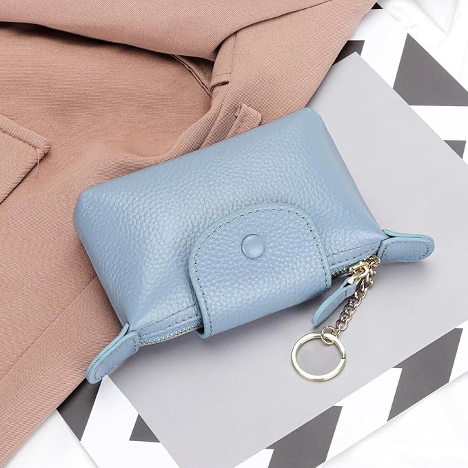 Genuine Leather Wallet Zipper Coin Purse Key Ring Card Organizer Compact Storage for Women (Blue)