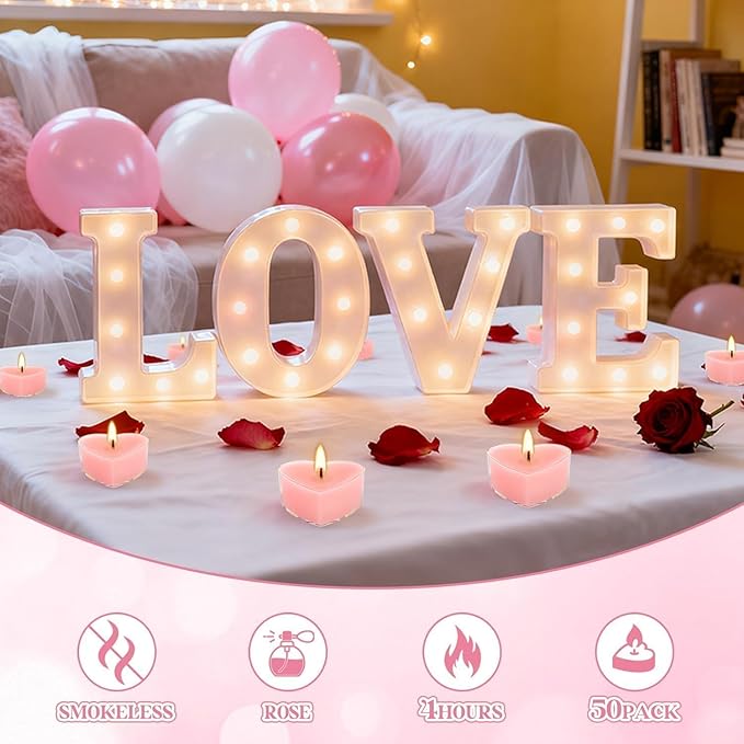 50-Pack Pink Heart Tea Wax (4-Hour Burn) - Rose-Scented Candles for Valentine's Day, Anniversaries, Weeding,Pool Parties & Romantic Decor & Special Occasions.