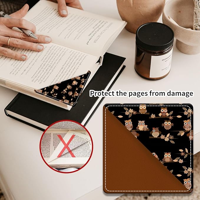 Cute Leather Bookmarks, Fun Triangle Making Corner Bookmark, Book Accessories for Reading Book Lovers, Unbreakable Page Markers for Women Men Cute Brown Cartoon Owls