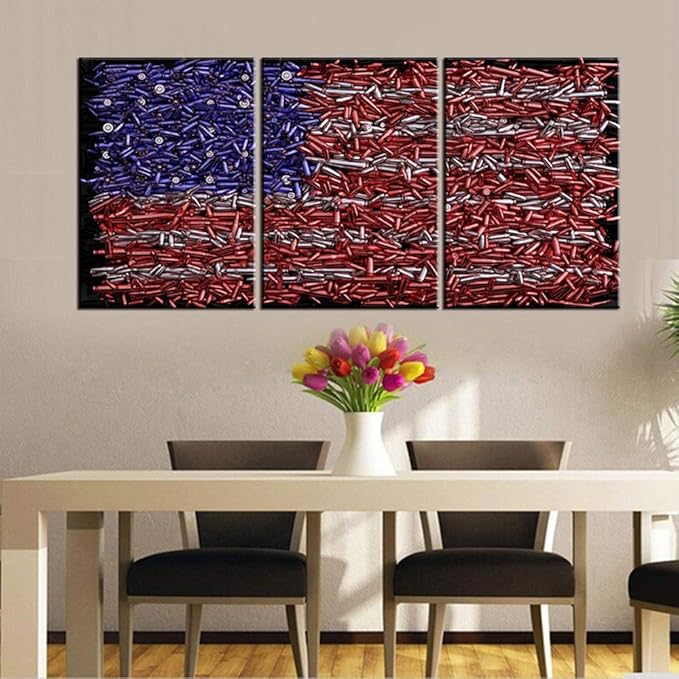 American Flag Wall Decor Bullets USA Flags Red Pictures for Living Room Premium Quality Artwork House Decoration 3 Panel Canvas Patriot Wall Art Framed Ready to Hang Posters and Prints(48''Wx24''H)
