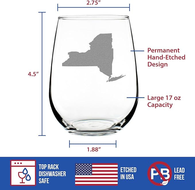 Custom New York State Outline Personalized Stemless Wine Glass - State Themed Drinking Decor and Gifts for New Yorker Women & Men - Large 17 Oz Glasses - Customized Wine Glass Gift