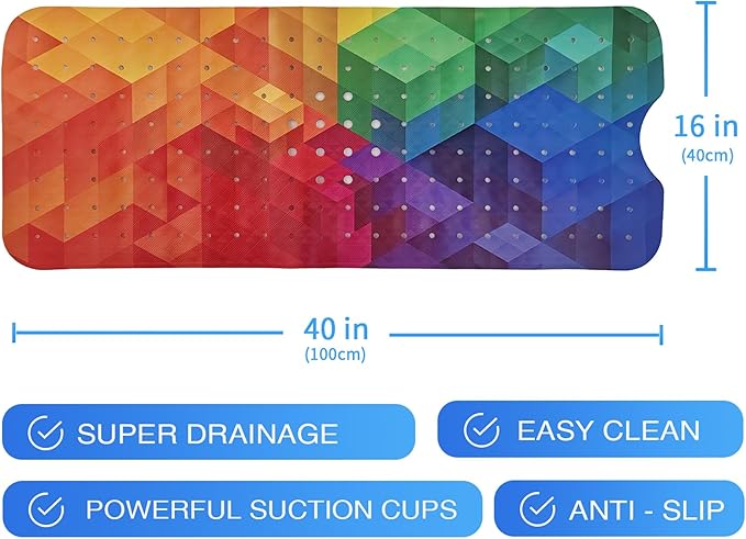 Rainbow Bathtub Mat Non Slip for Kids 40x16 Extra Long Geometry Modern Art Bath Mat for Tub Anti Slip 3D Cubic Abstract Bath Shower Mat with Large Drain Holes and Suction Cups Colorful Bathroom Decor