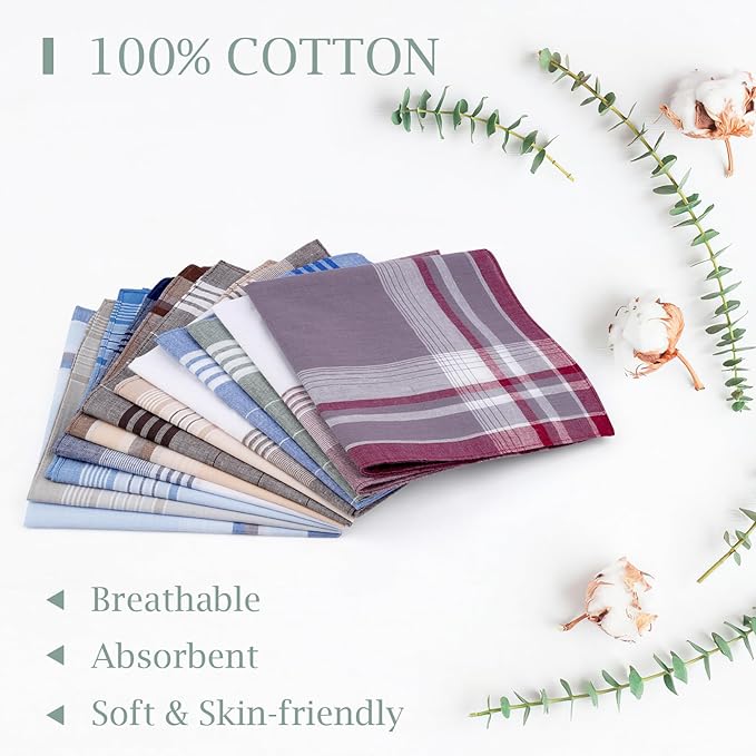 12 Pcs Handkerchiefs for Men, 100% Soft Cotton Hankies with Check, Classic Reusable Men's Handkerchiefs, 16x16 Inch Pocket Hanky