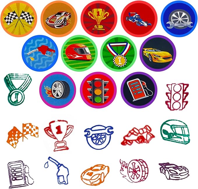 Cinrobiye 24 Pcs Race Car Stampers for Boys Girls, Racing Birthday Party Supplies Favors, Classroom Rewards, Carnival Prizes, Goodie Bag Pinata Fillers for Let’s Go Racing Checkered Flag Party