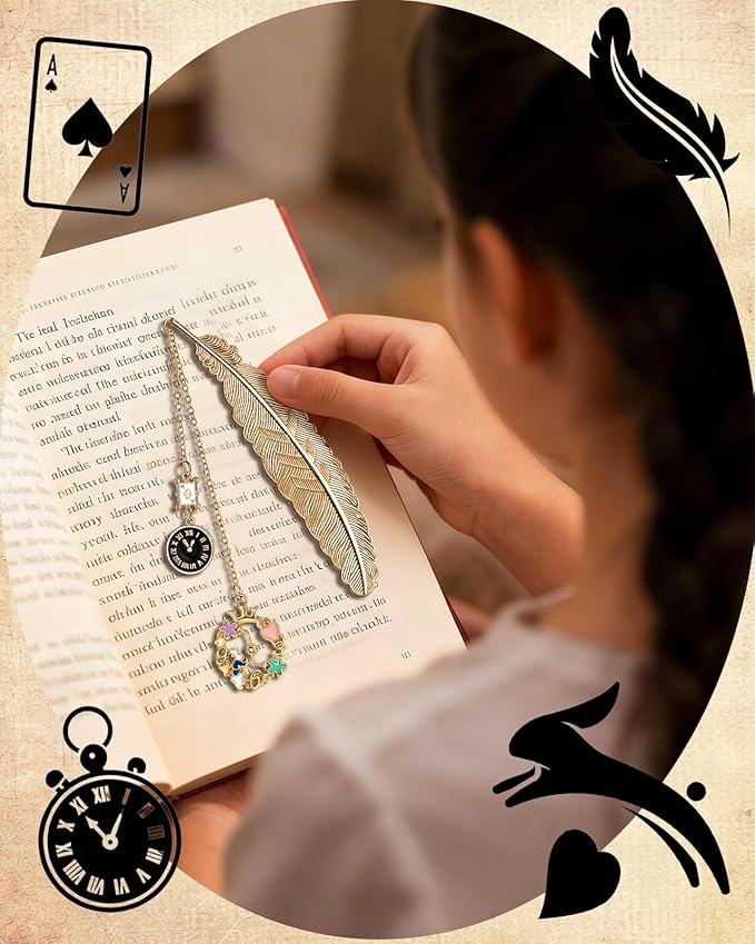 Buleens Bookmarks for Women Reading - Book Marks for Readers Book Lovers, Cute Gold Feather Luxury Fairy Personalized Metal Bookmark with Pendants, Pretty and Aesthetic Book Accessories Reading Gifts