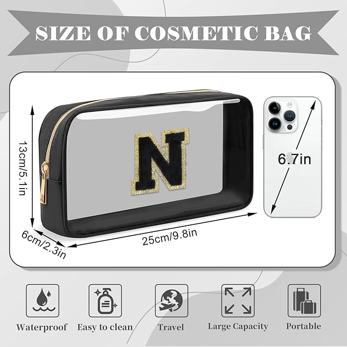 Personalized Initial Letter Clear Makeup Bag,Preppy Small Nylon&PVC Cosmetic Zipper Bag with Chenille Letter,Travel Skincare Toiletry Bag,Monogram Christmas Gift for Teen Girls Women,N