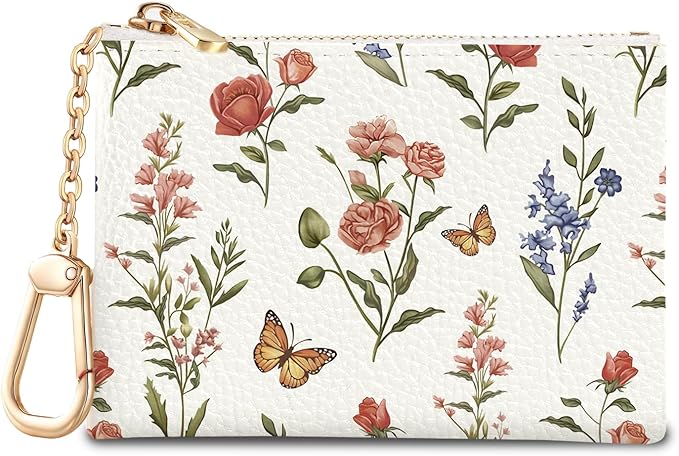Colorful Flower with Butterfly Keychain Coin Purse for Women, Small PU Leather Change Pouch, Zipper Little Tiny Travel Wallet for Girls, Cute Kawaii Zip Pocket Coin Holder with Key Ring