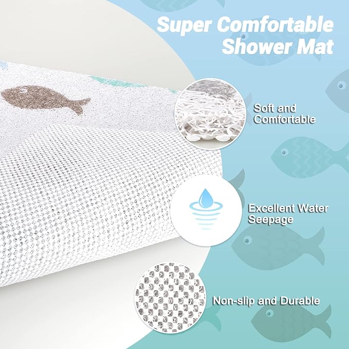 Shower Mat Non-Slip, 24x 24 Inch Square, Soft Comfort Bath Mats with Drainage Holes, PVC Loofah Massage Bathmat for Shower,Bathroom, Wet Areas, Quick Drying